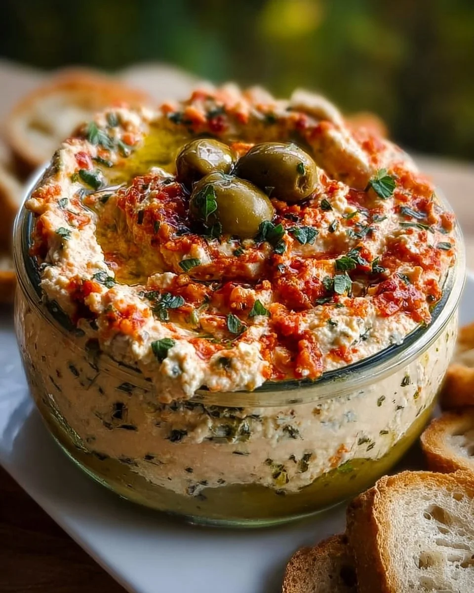 Creamy feta dip with roasted red peppers served in a bowl