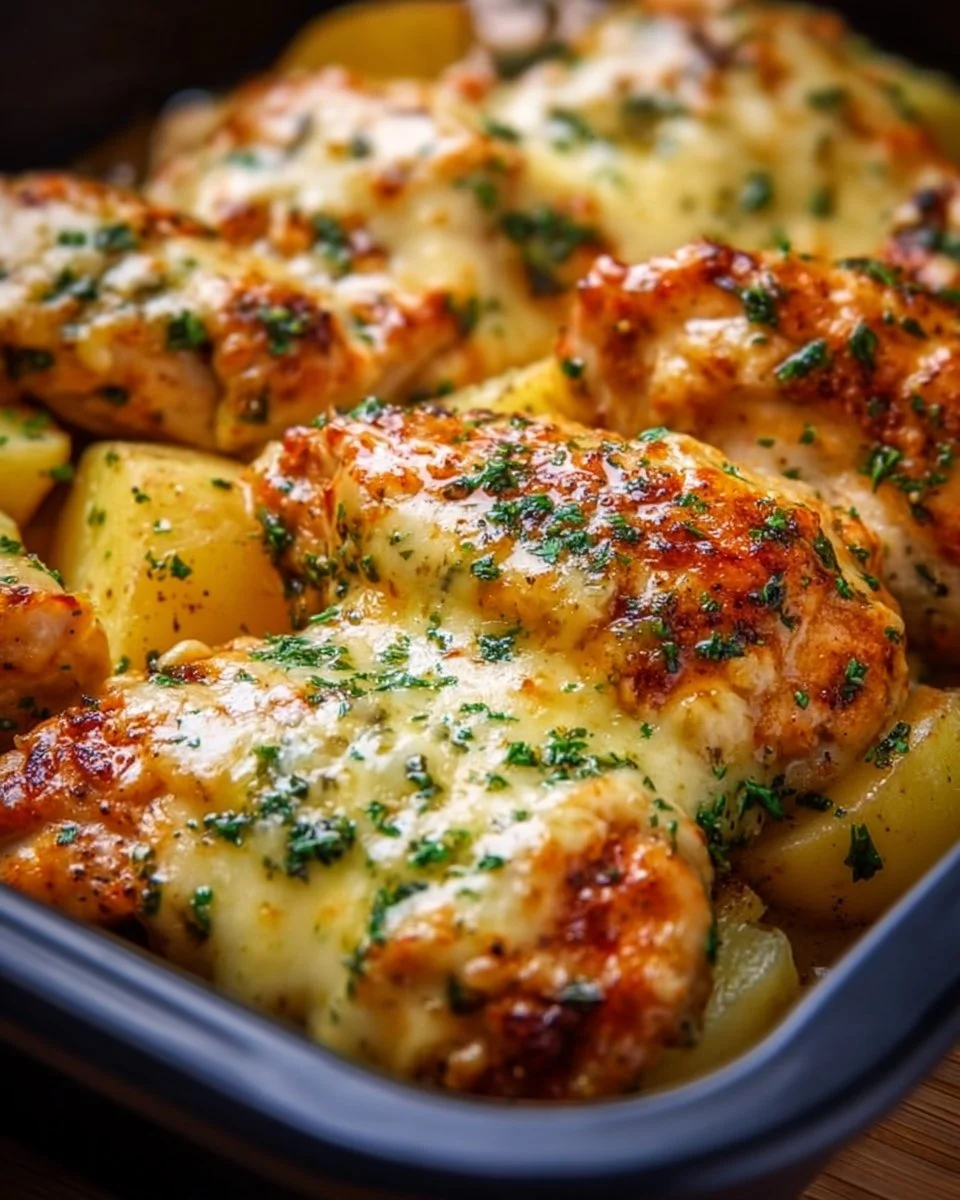 Creamy garlic cheesy chicken served with potatoes on a white plate