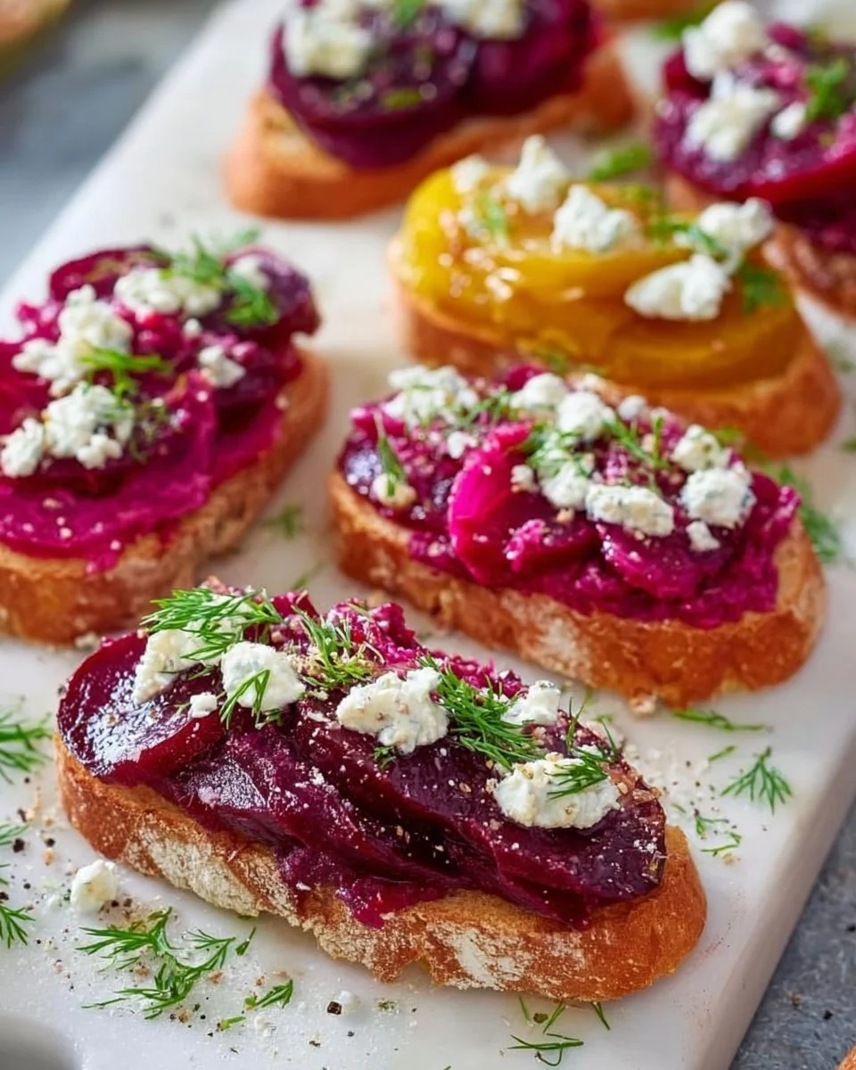 Creamy garlicky beet crostini served on toasted bread slices topped with herbs