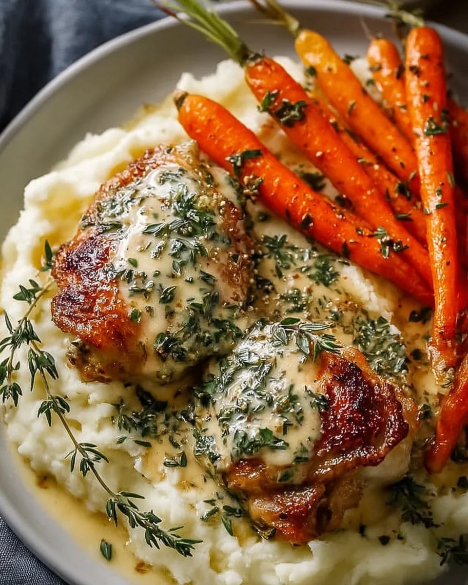 Plate of creamy herb chicken alongside mashed potatoes and honey glazed carrots