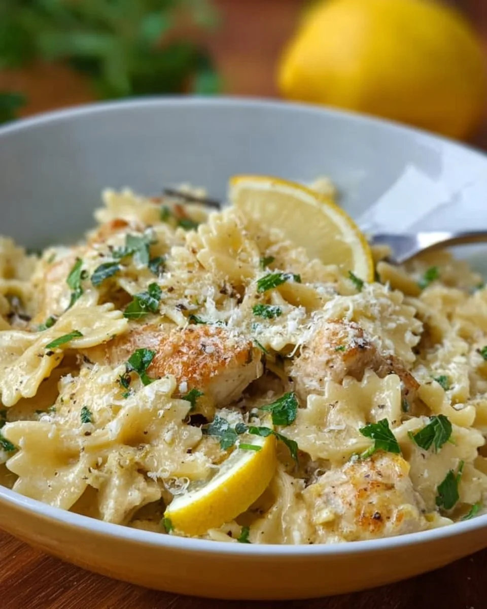 A bowl of creamy lemon chicken pasta garnished with herbs and lemon slices.