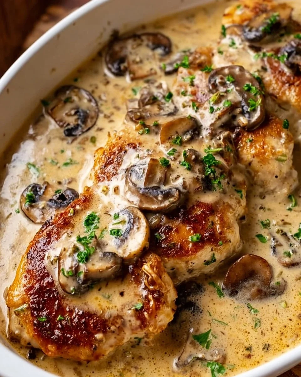 Creamy mushroom chicken dish served on a plate with herbs and vegetables.