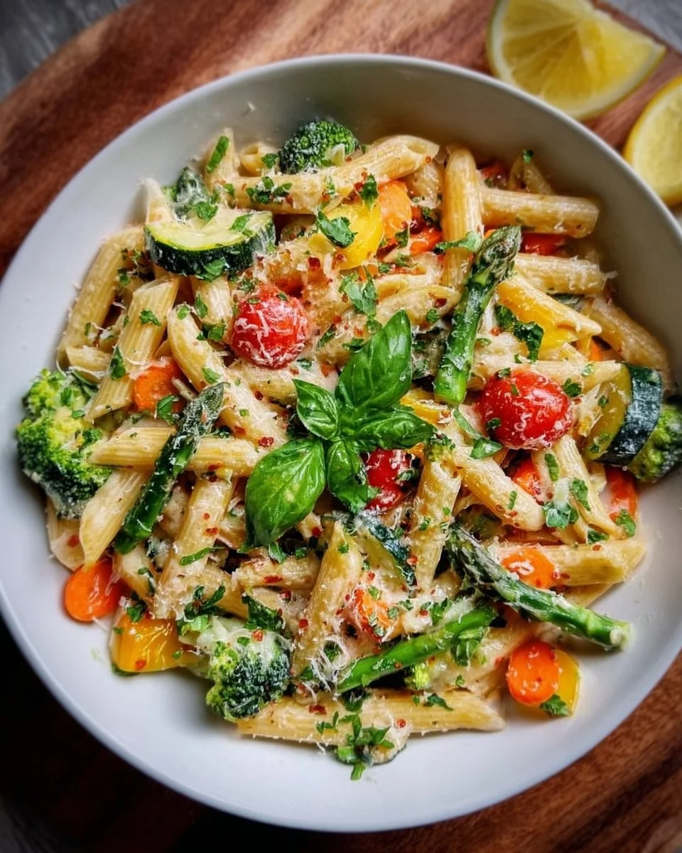 Delicious creamy Pasta Primavera with fresh vegetables and sauce