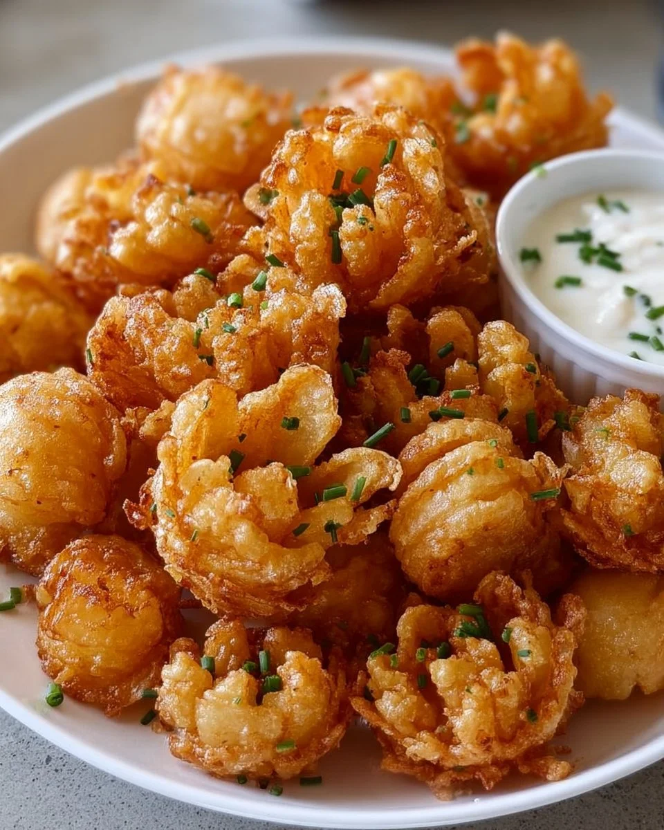Crispy mini bloomin' onions with buttermilk ranch dip on a platter.