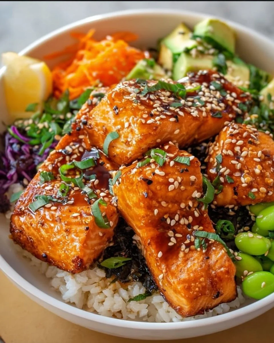 Delicious crispy salmon served on a bed of rice in a bowl