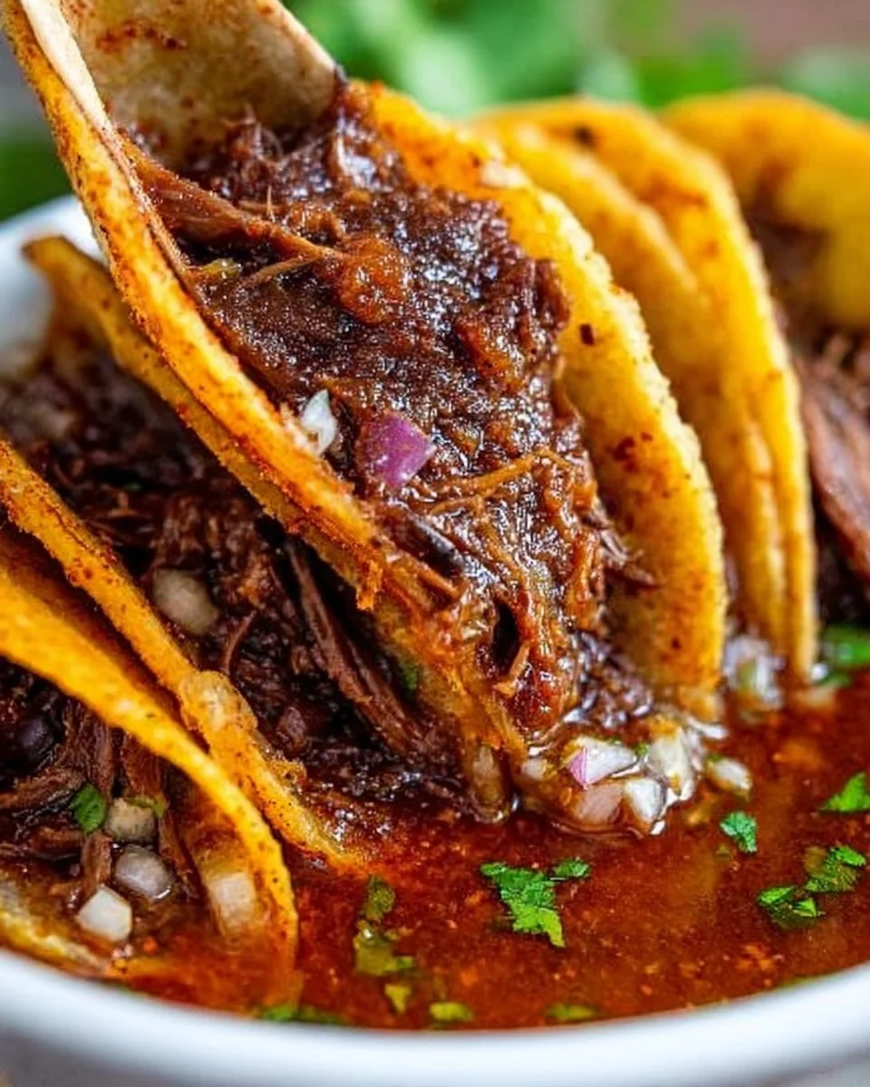 Delicious Crock Pot Birria Tacos ready to be served with rich broth