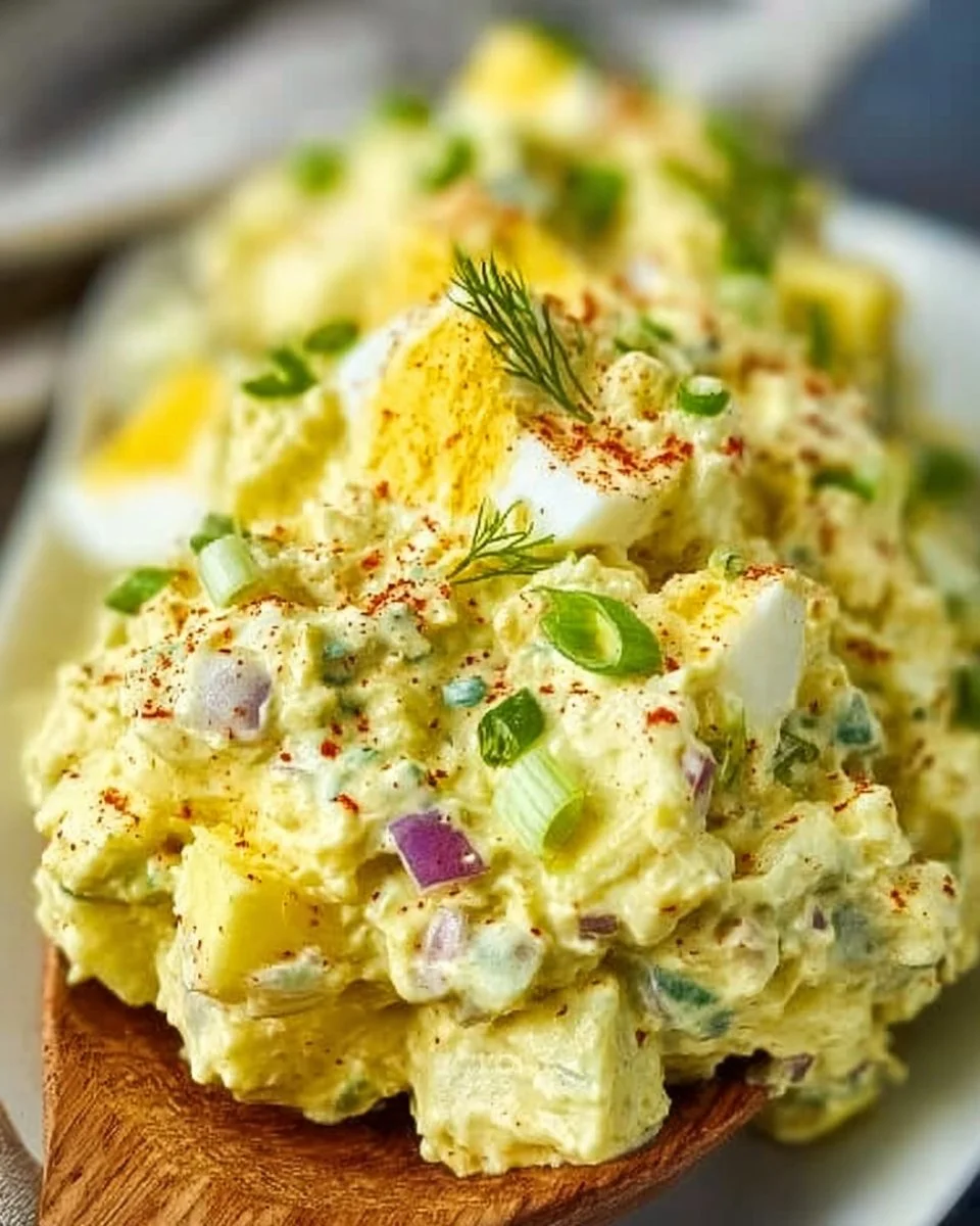 A bowl of deviled egg potato salad garnished with herbs and spices.