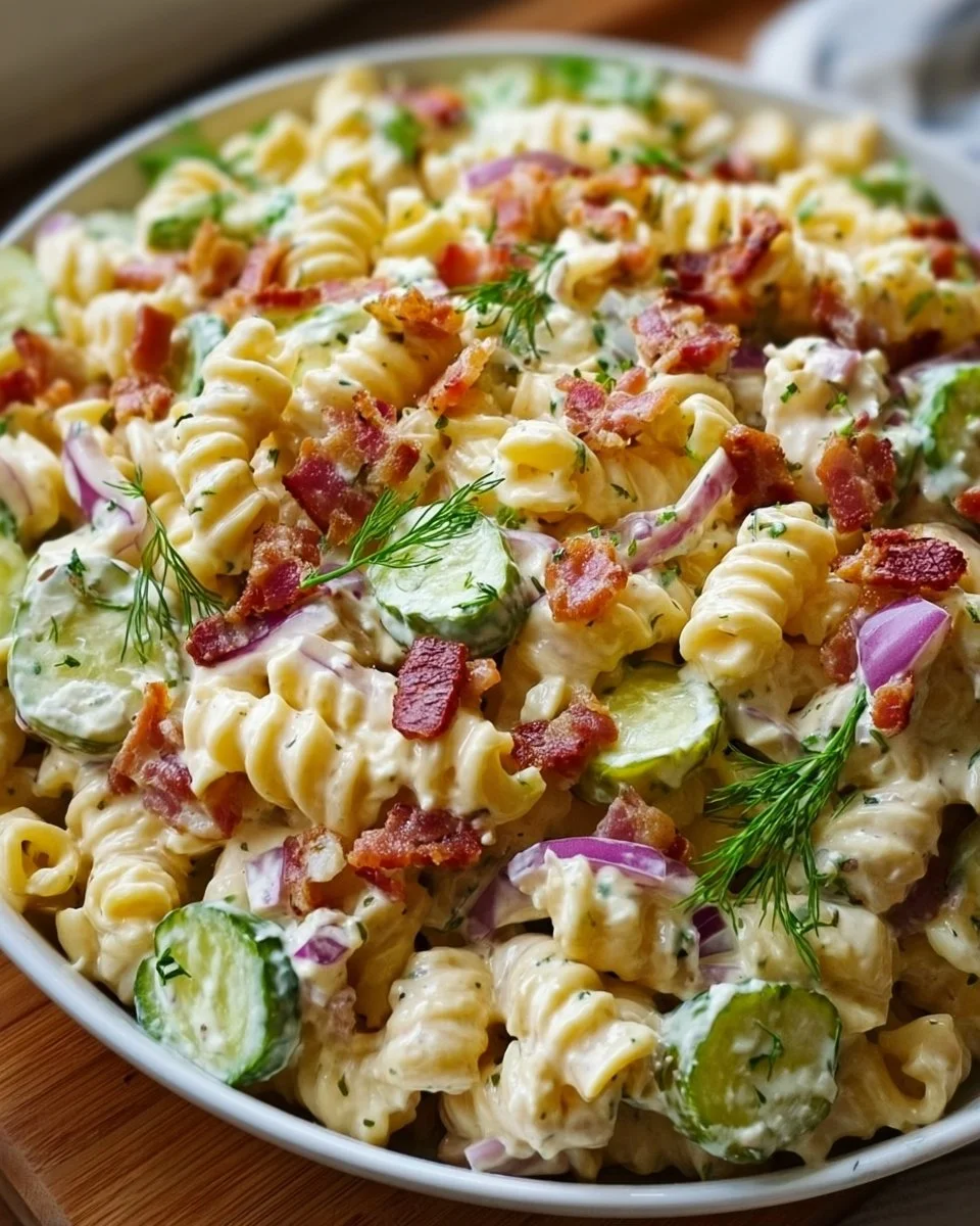 Bowl of Dill Pickle Bacon Pasta Salad with fresh ingredients and garnishes