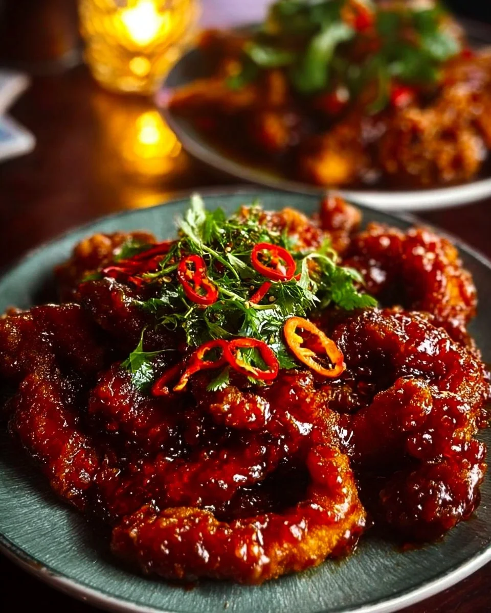 Plate of spicy Dragon Chicken served with colorful vegetables and garnishes.