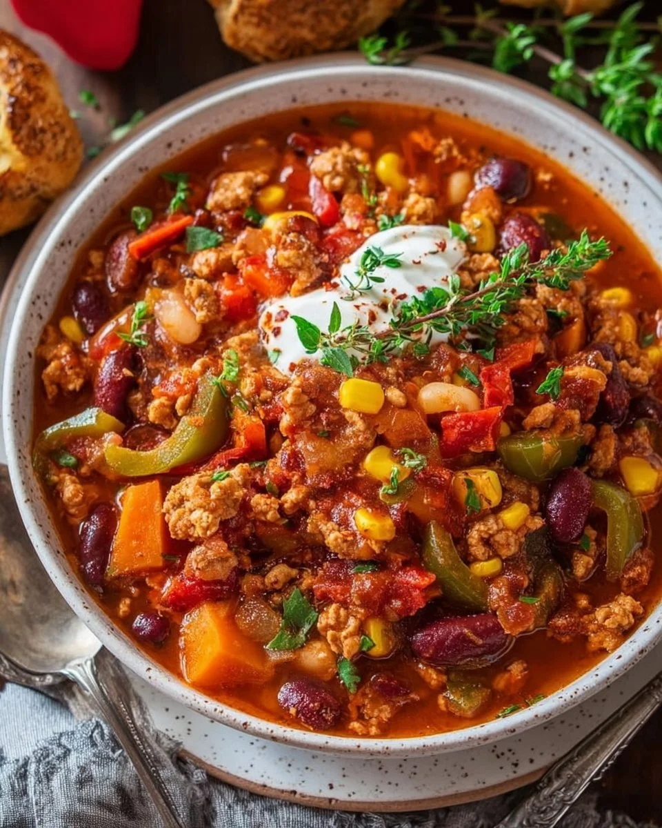 Bowl of easy bacon maple turkey chili topped with fresh herbs