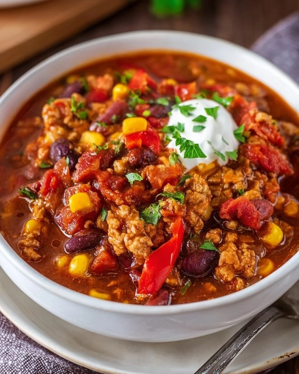 Bacon Maple Turkey Chili served in a bowl with toppings.
