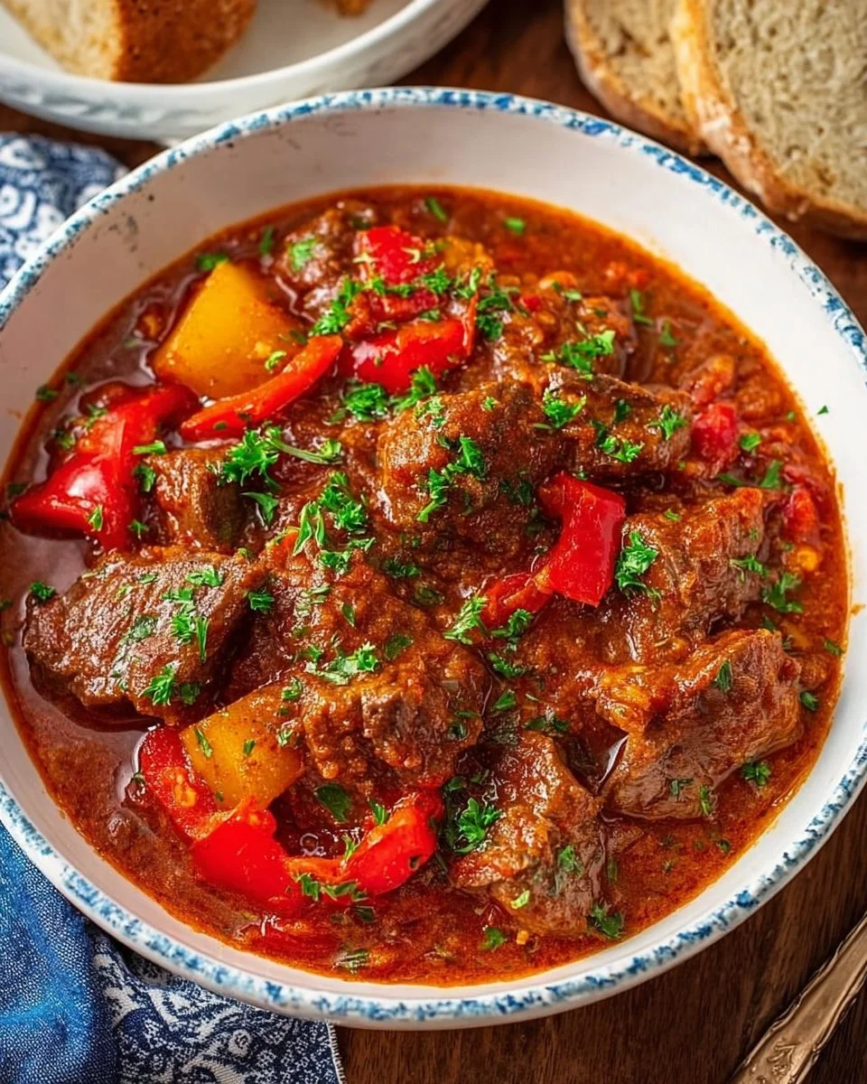 Bowl of easy Pepper Lamb Stew garnished with herbs and spices.