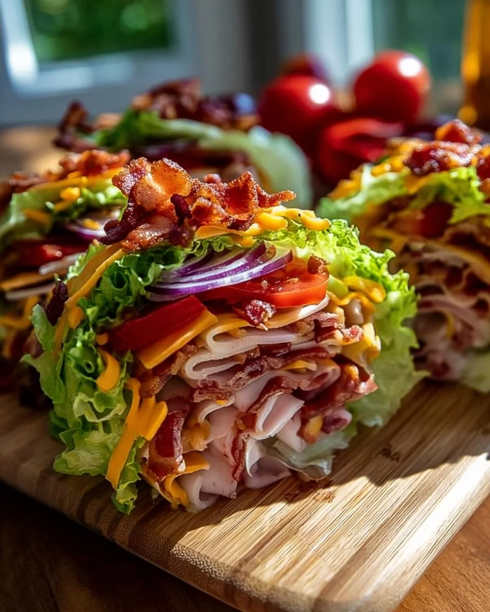Fresh Keto Turkey Club Lettuce Wraps with turkey, bacon, and greens