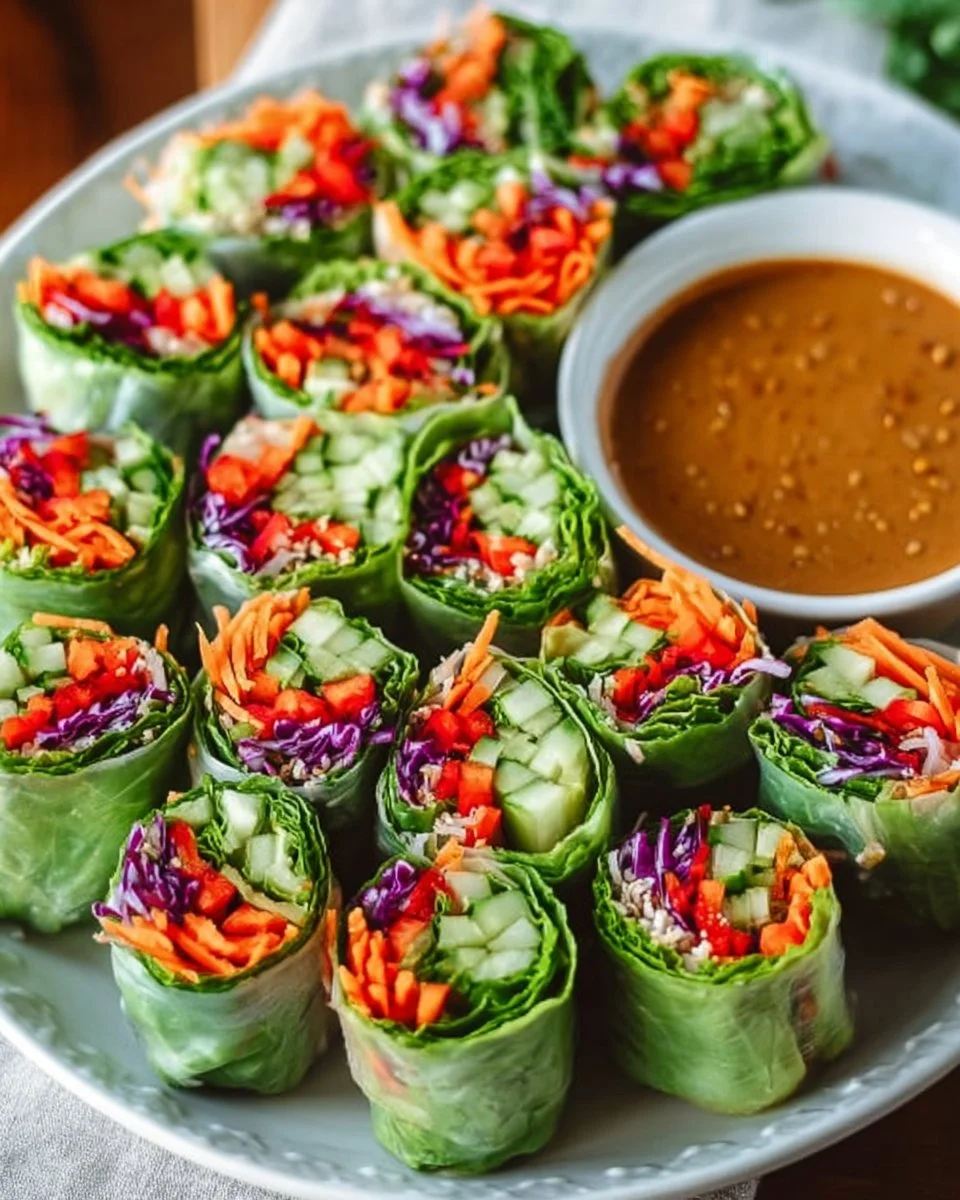 Fresh spring rolls served with creamy peanut sauce on a plate