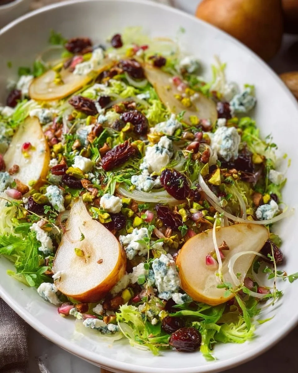 Frisée Pear Salad topped with Pistachios and Dates in a vibrant bowl