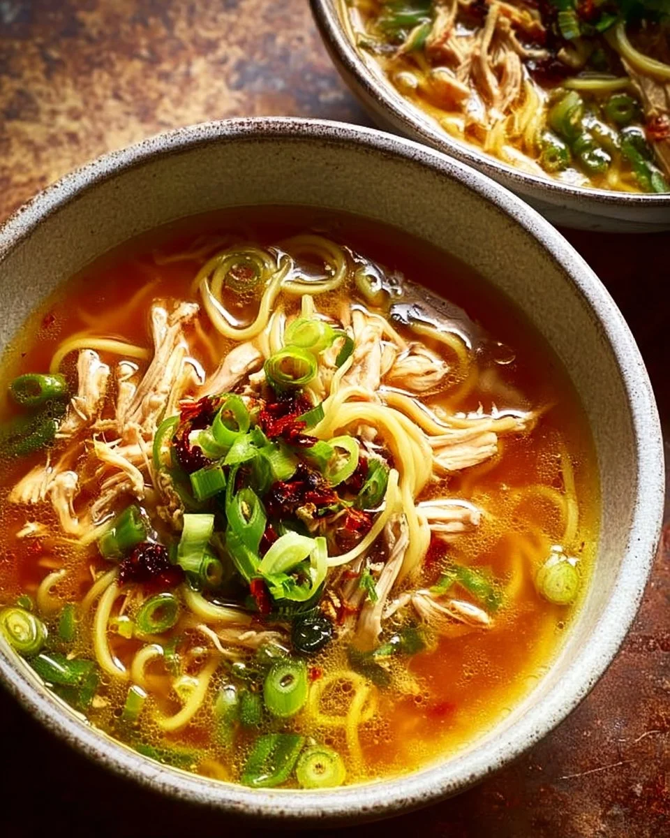 Bowl of Ginger Garlic Chicken Noodle Soup with fresh herbs and noodles