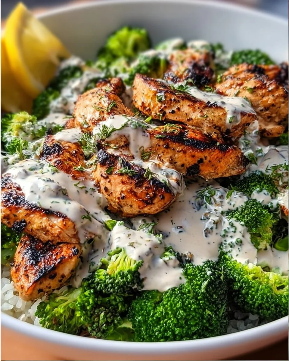 Grilled chicken and broccoli bowls with creamy garlic sauce on a plate