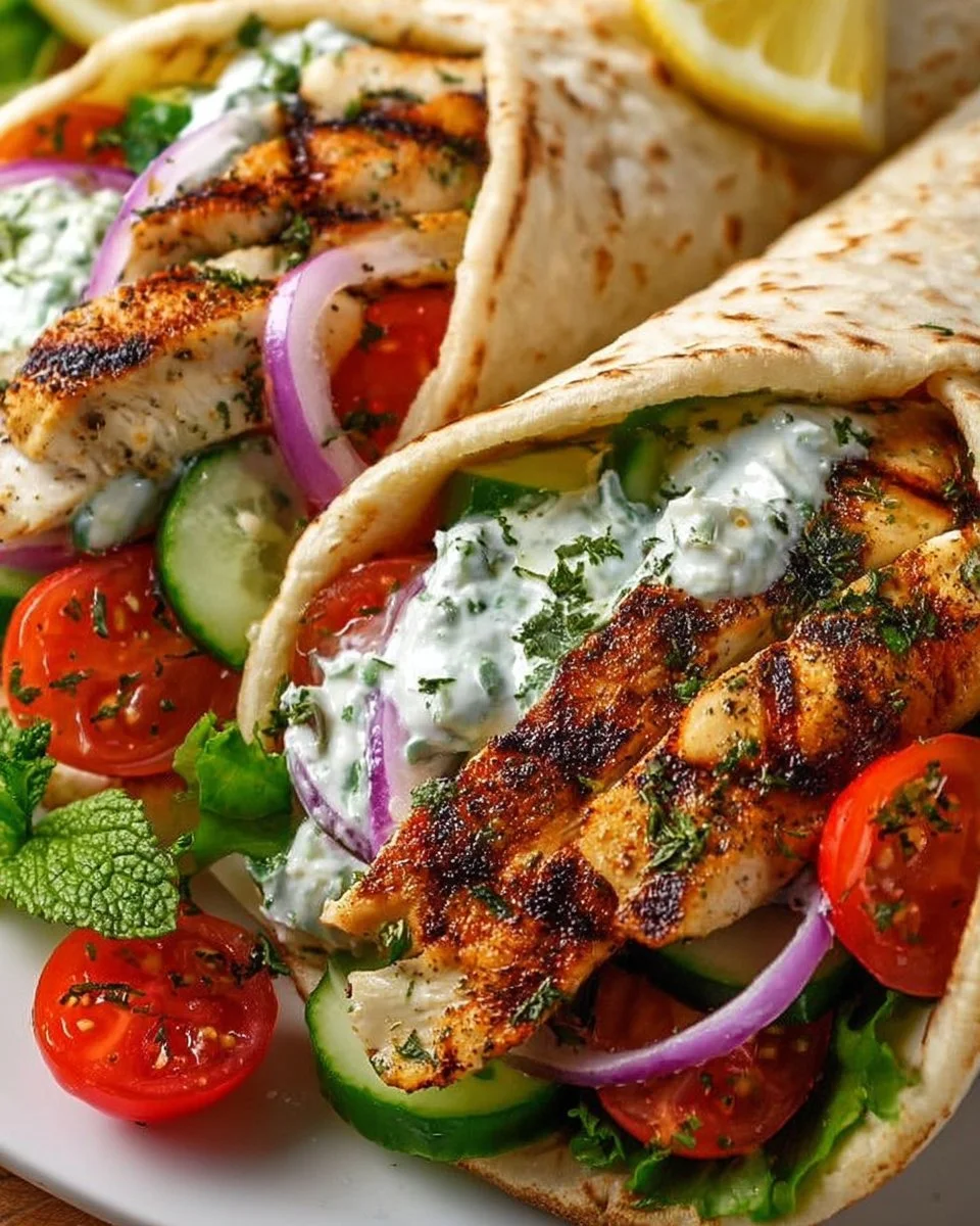 Grilled Greek chicken wraps with vegetables and tzatziki sauce