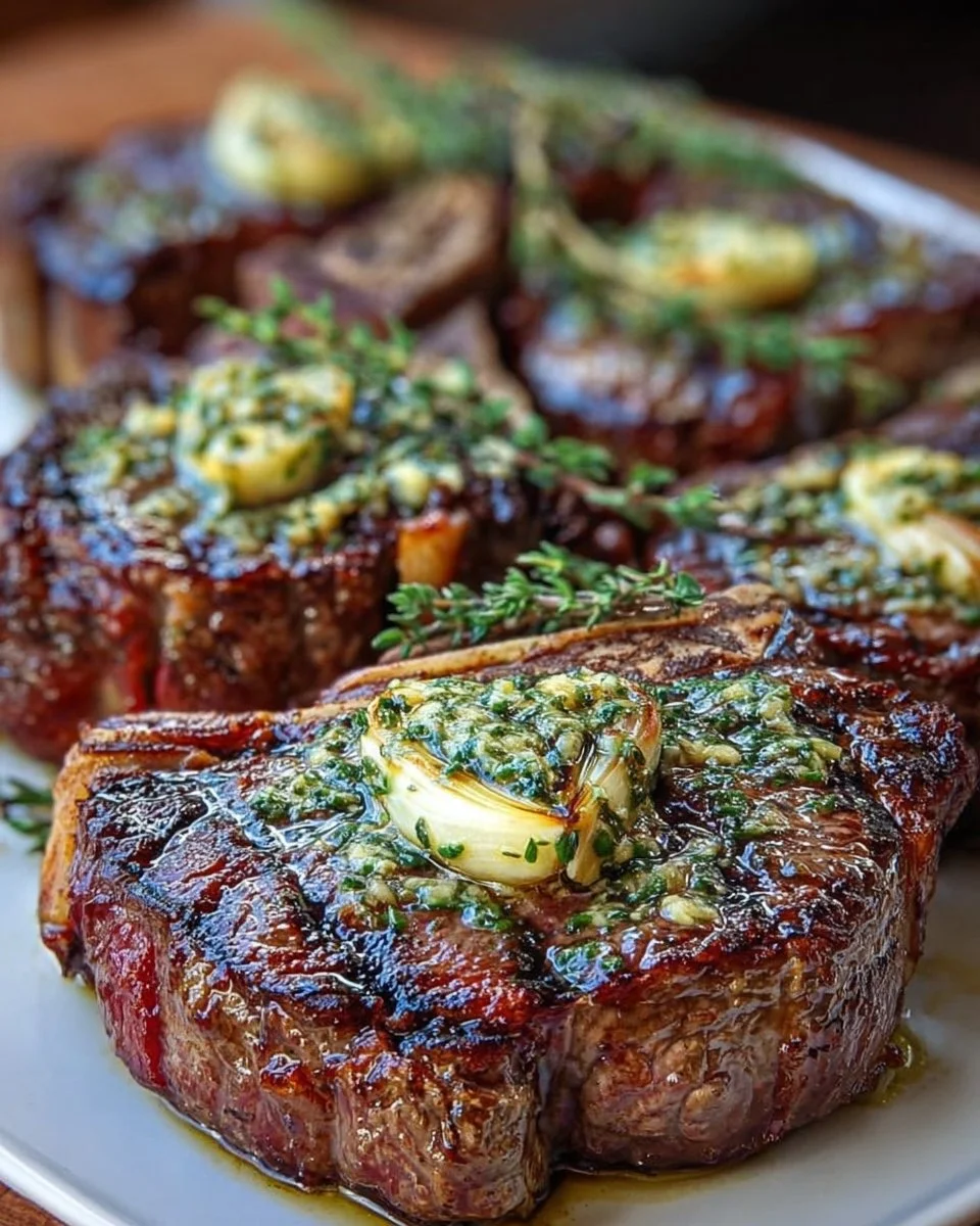 Delicious grilled ribeye steaks with roasted garlic and herb butter