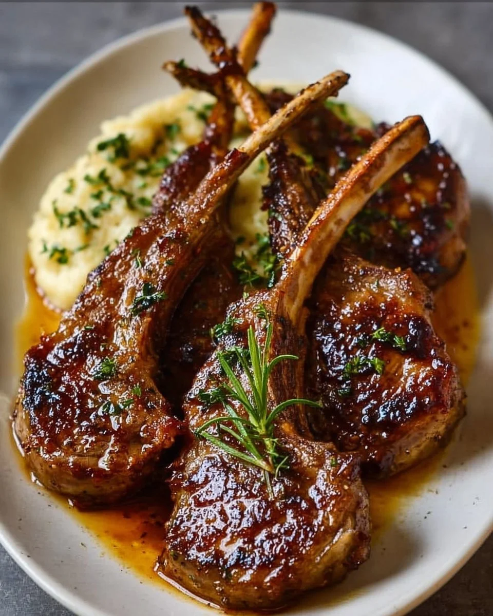 Honey garlic butter lamb cutlets on a plate garnished with herbs