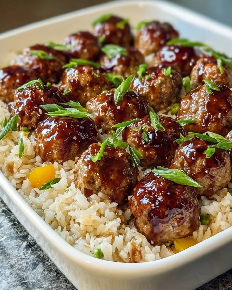 Delicious Honey Garlic Meatball Rice Bake ready to serve in a casserole dish.
