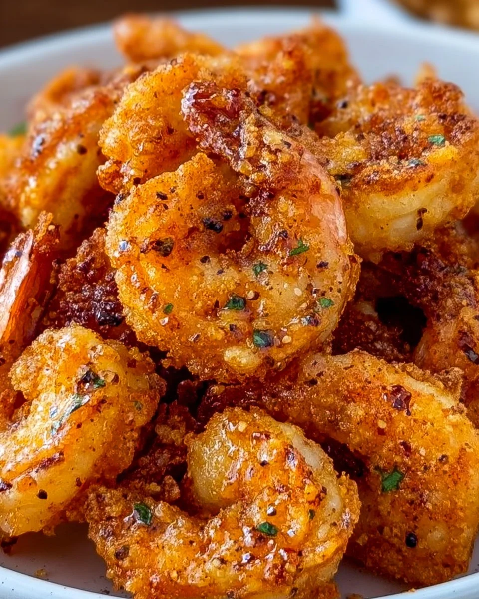 Plate of hot honey fried shrimp drizzled with sweet sauce and garnished.