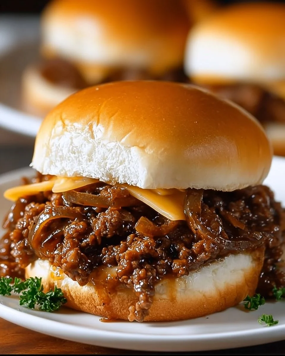 Delicious French Onion Beef Sloppy Joes served with melted cheese and fresh bread