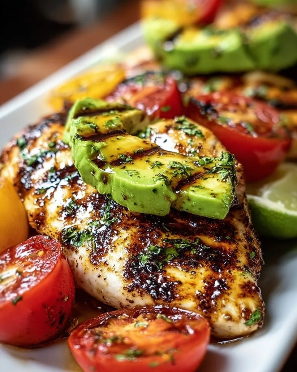 Grilled avocado chicken with fresh California avocados on a plate.