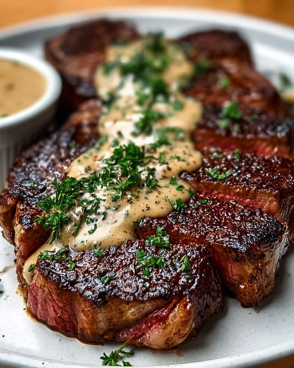 Juicy steak with creamy garlic sauce served on a plate