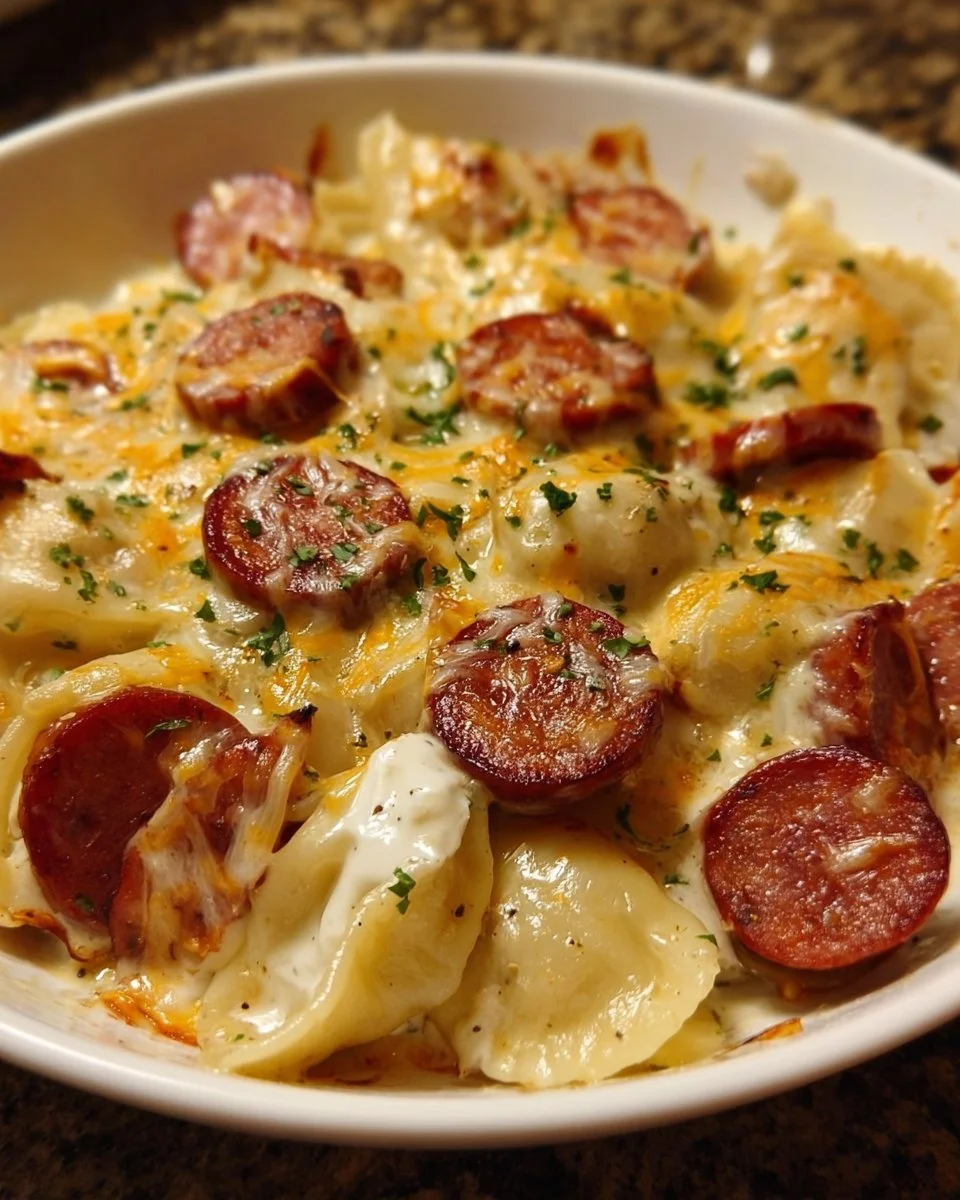 Delicious Kielbasa and Pierogi Bake served in a casserole dish