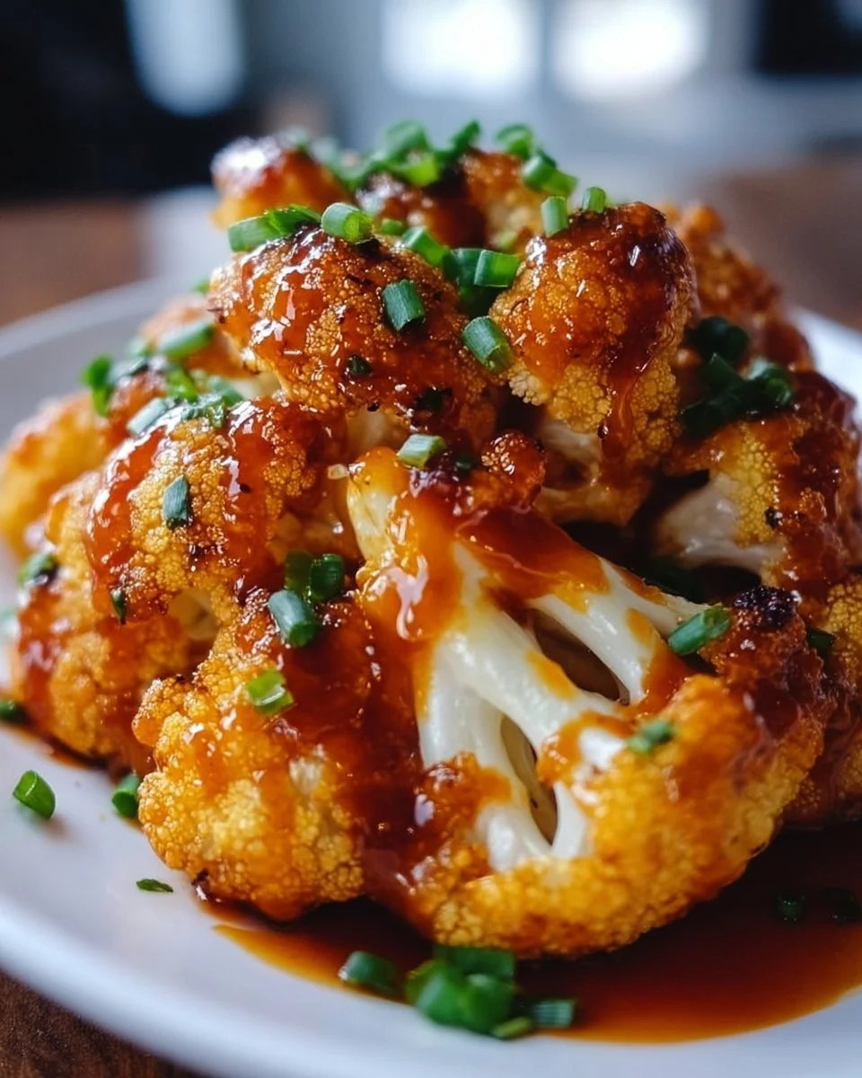Roasted Maple Sriracha Cauliflower with a drizzle of sauce