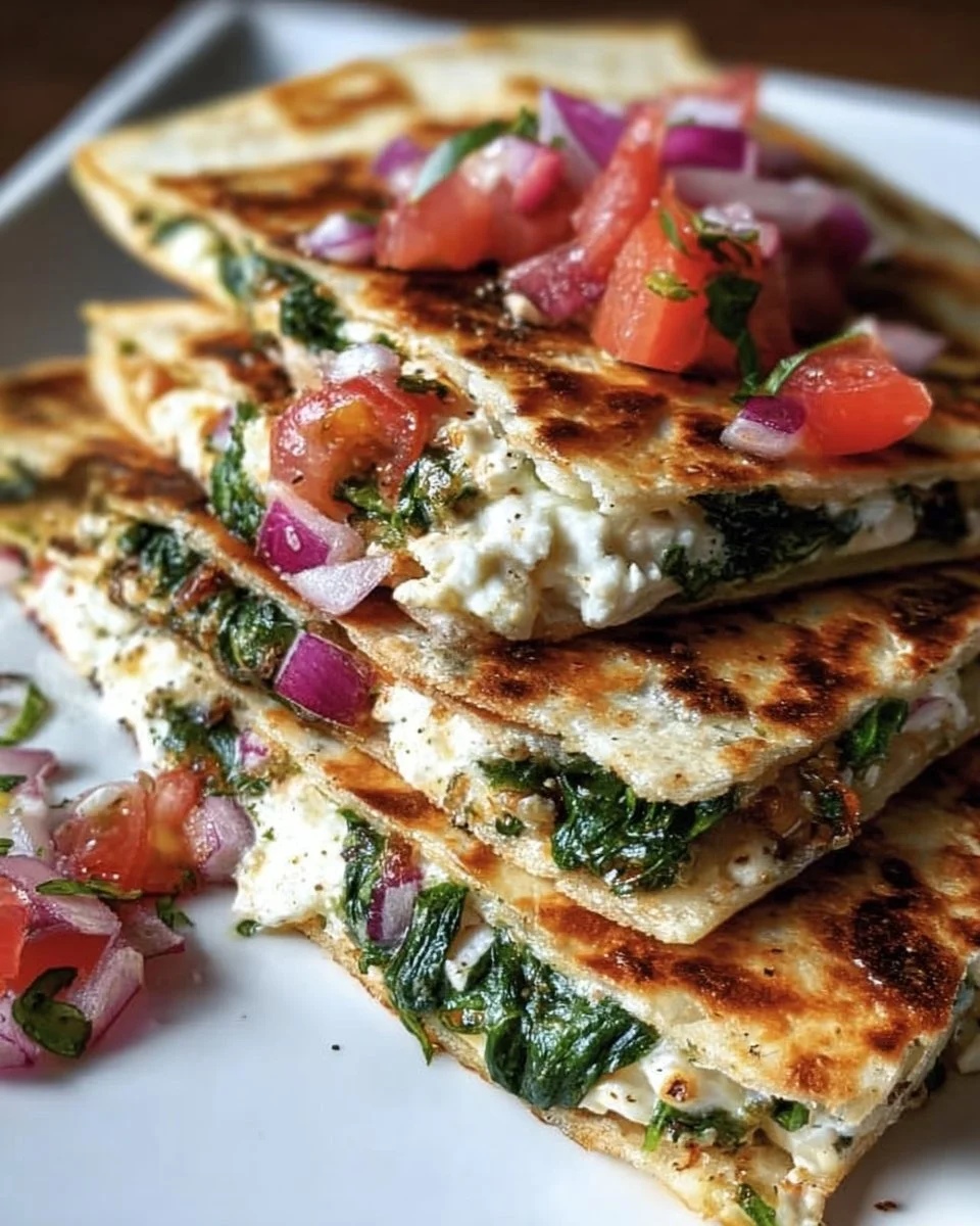 Mediterranean Quesadillas with Spinach, Feta, Mozzarella, and Red Onion