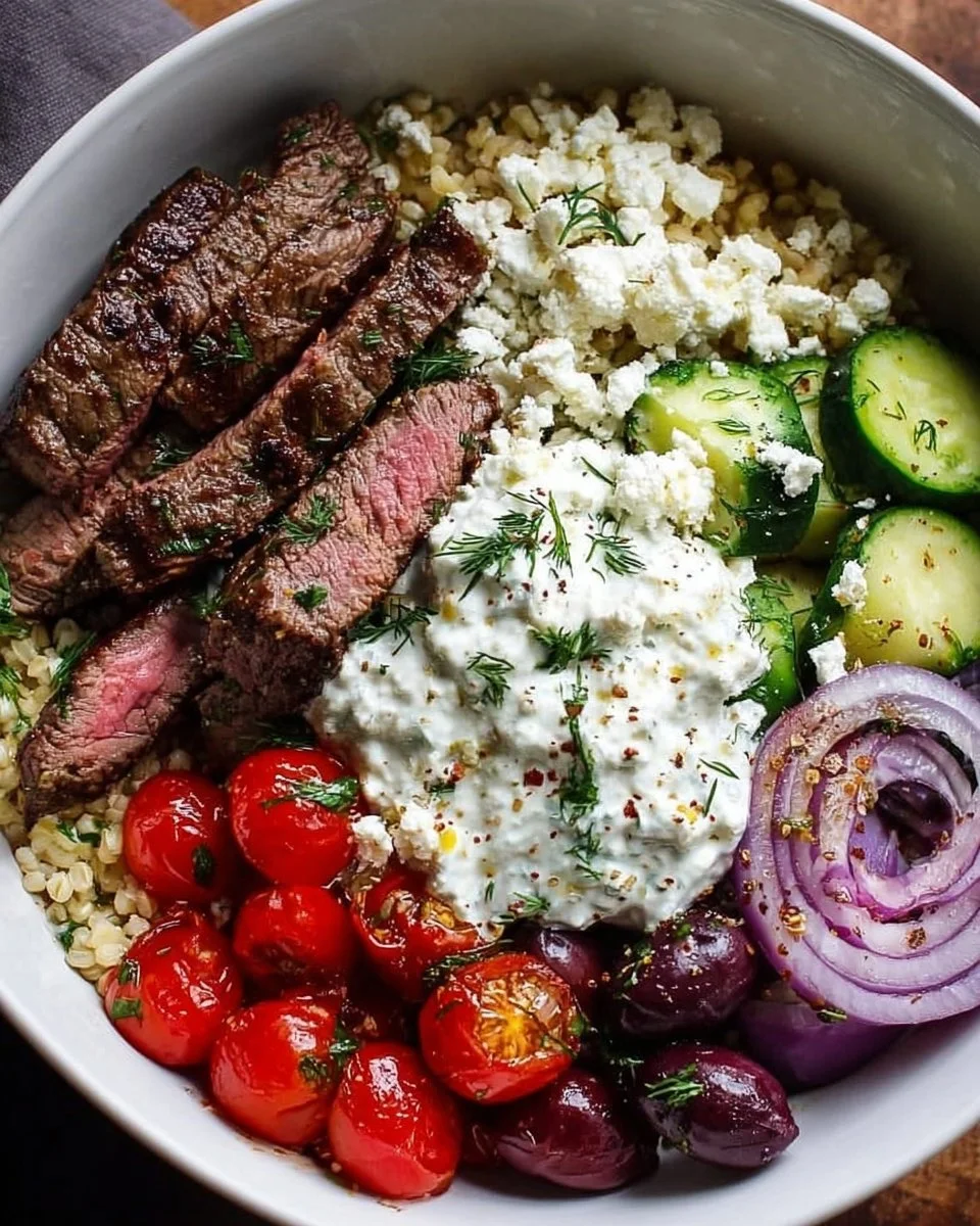 Mediterranean Steak Bowl with grilled steak and fresh veggies