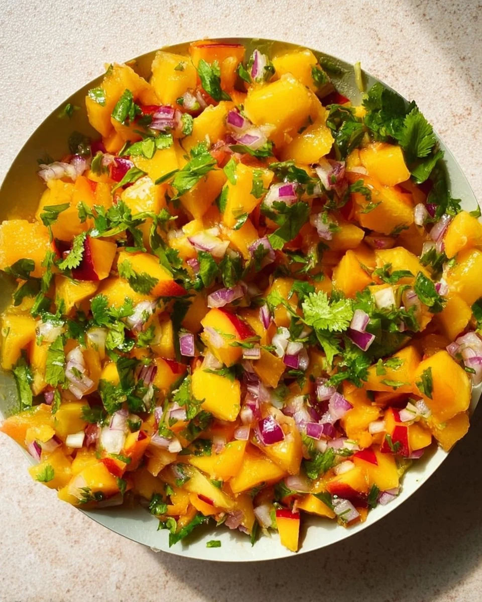 Fresh nectarine salsa in a bowl with colorful vegetables