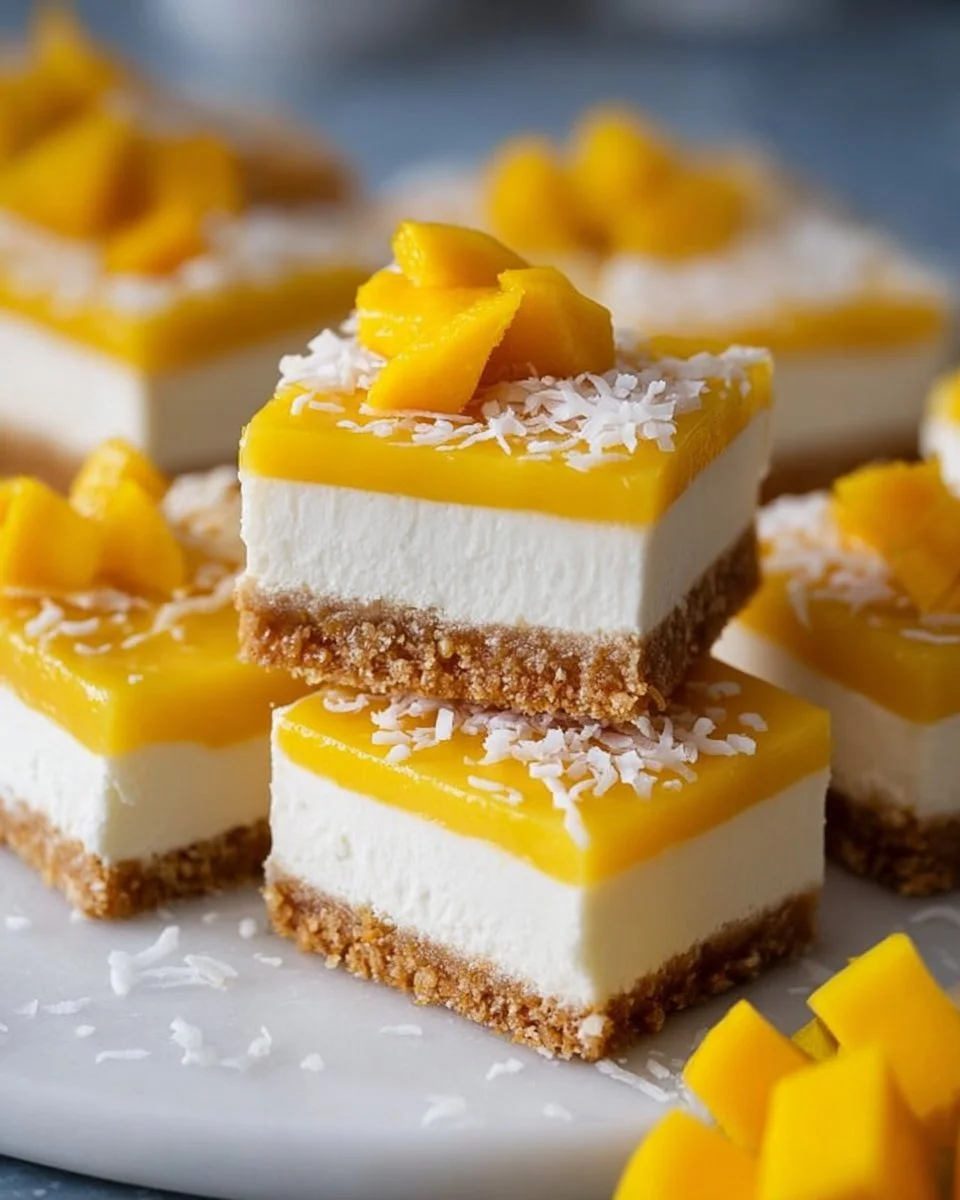 No bake coconut mango cheesecake bars served on a plate for a tropical dessert