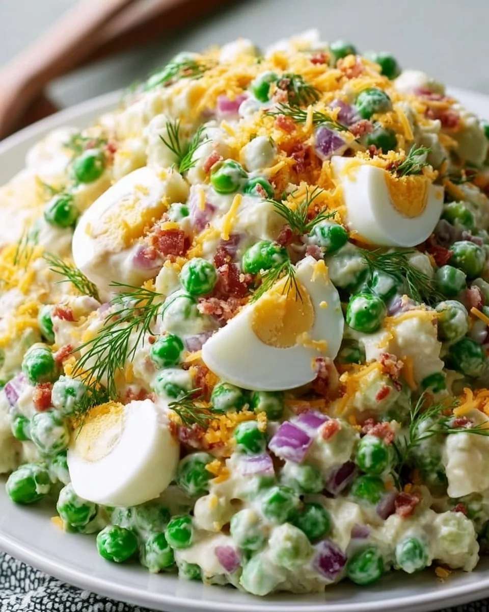 Delicious old fashioned pea salad with fresh peas and creamy dressing