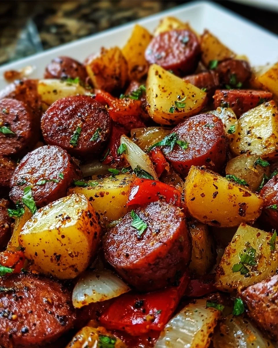 One pan kielbasa and potatoes dish, ready to serve and full of flavor.