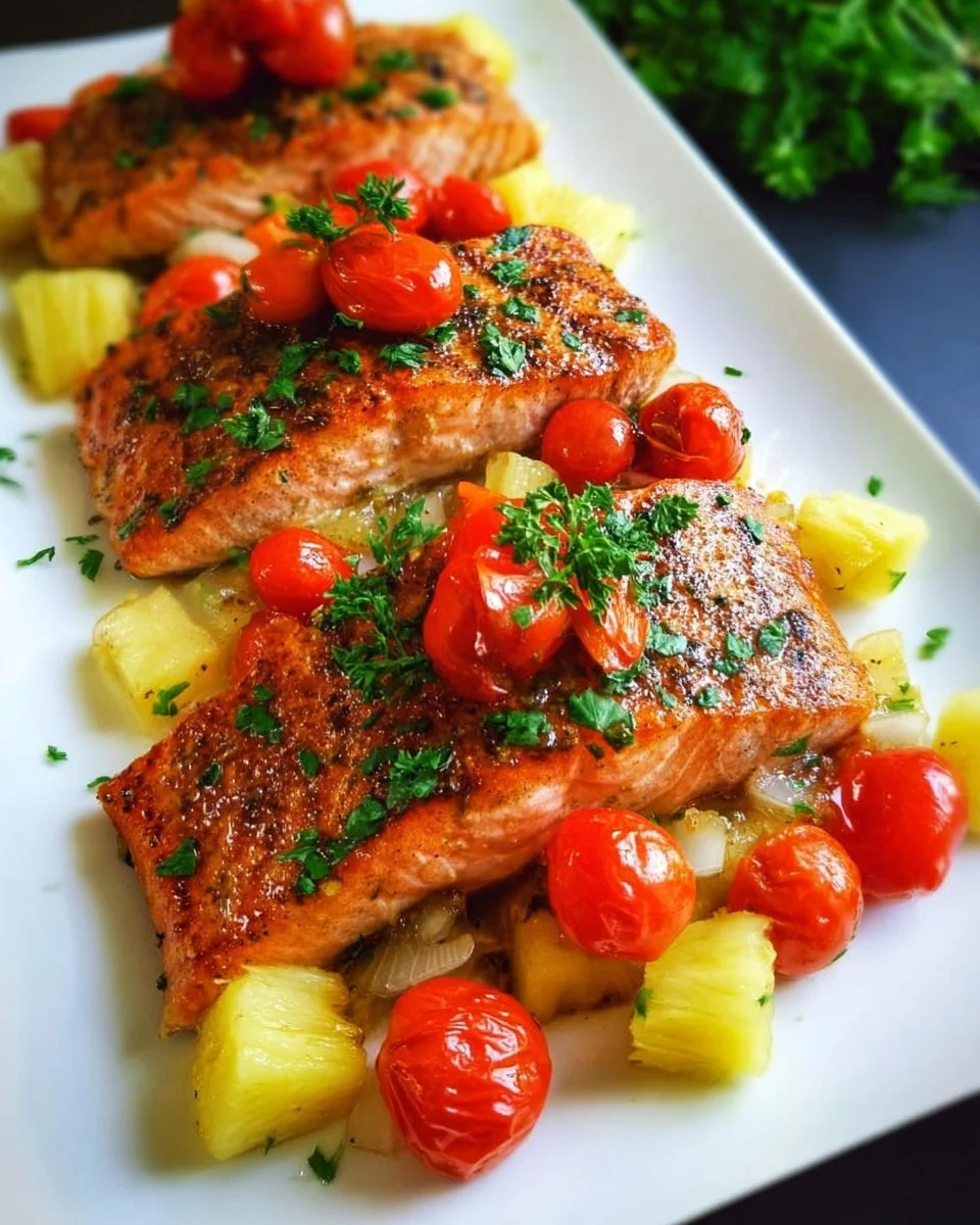 Delicious Pineapple Salmon served with fresh herbs and veggies