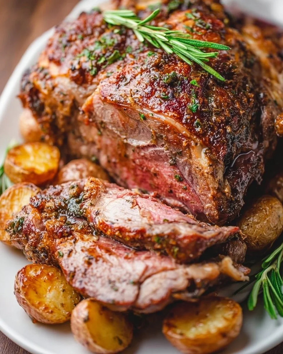 Roasted leg of lamb served on a platter with herbs and vegetables