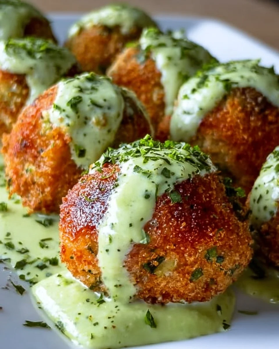 Plate of salmon balls served with creamy avocado sauce.