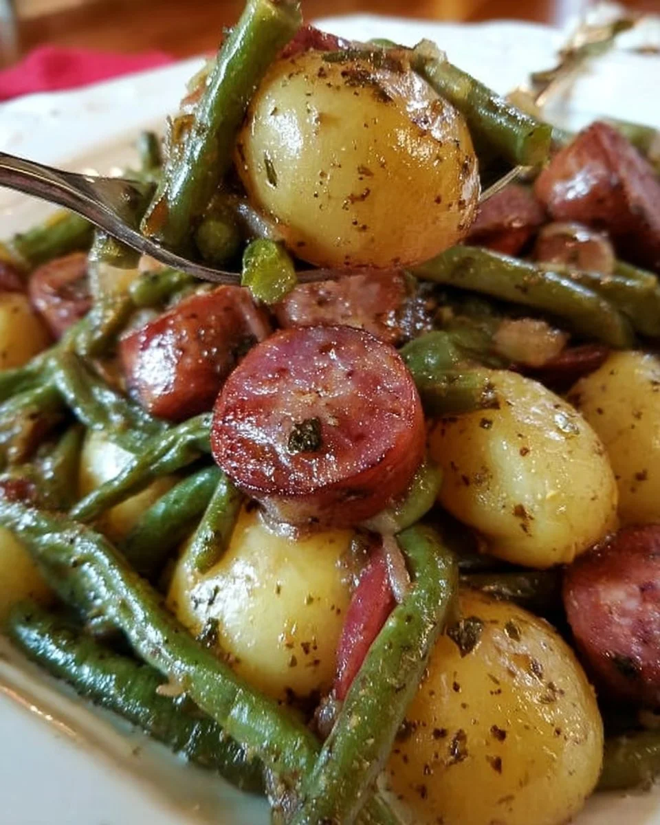 Sausage Green Bean Potato Casserole in a baking dish garnished with herbs.