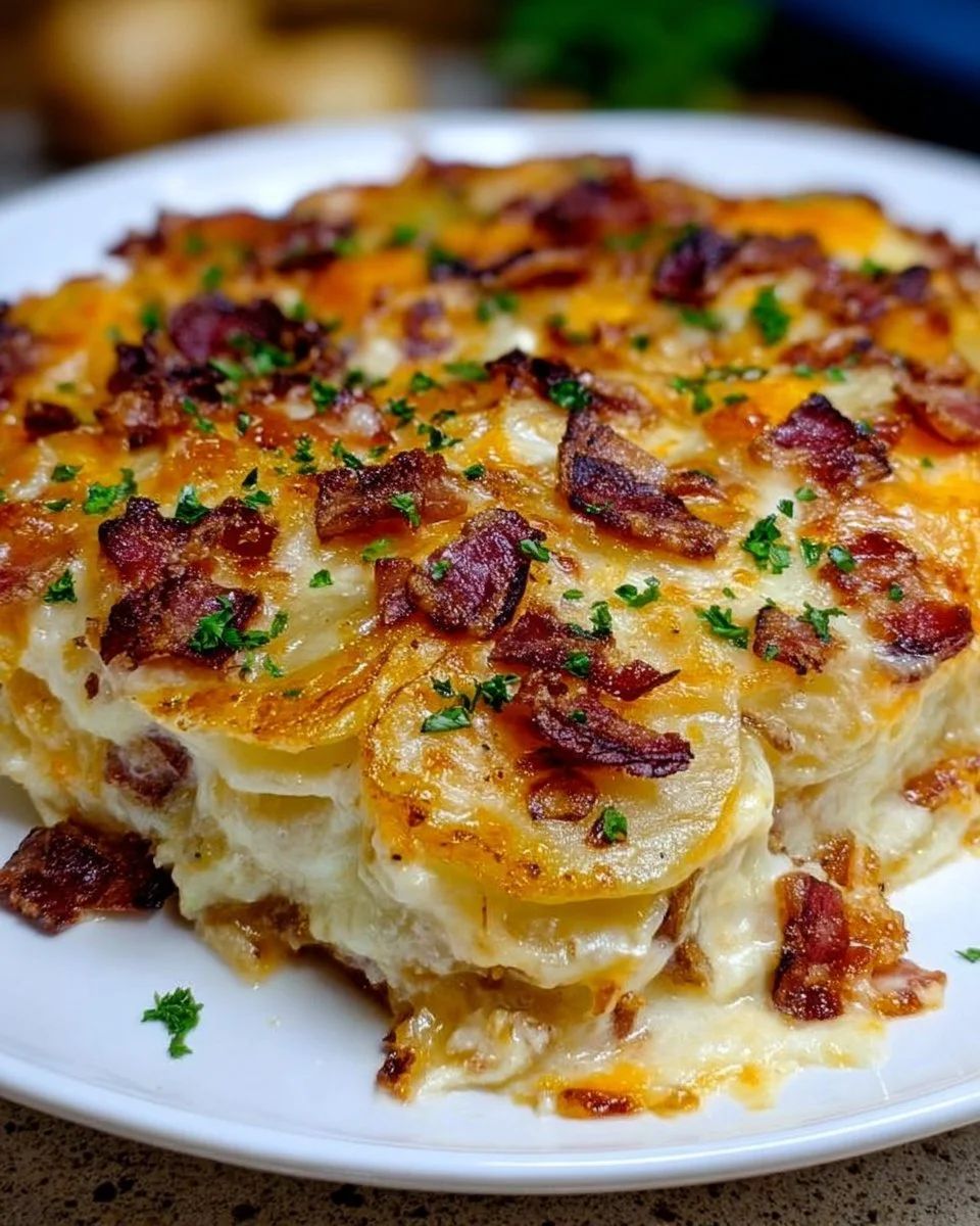 Creamy scalloped potatoes topped with bacon and caramelized onions.