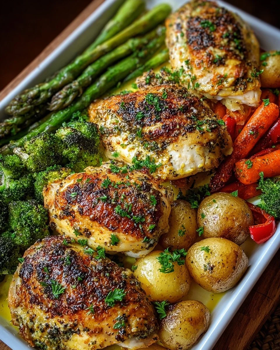 Sheet Pan Garlic Butter Chicken served with colorful vegetables