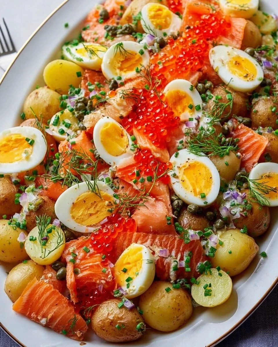 Smoked salmon potato salad recipe video with fresh ingredients and vibrant colors