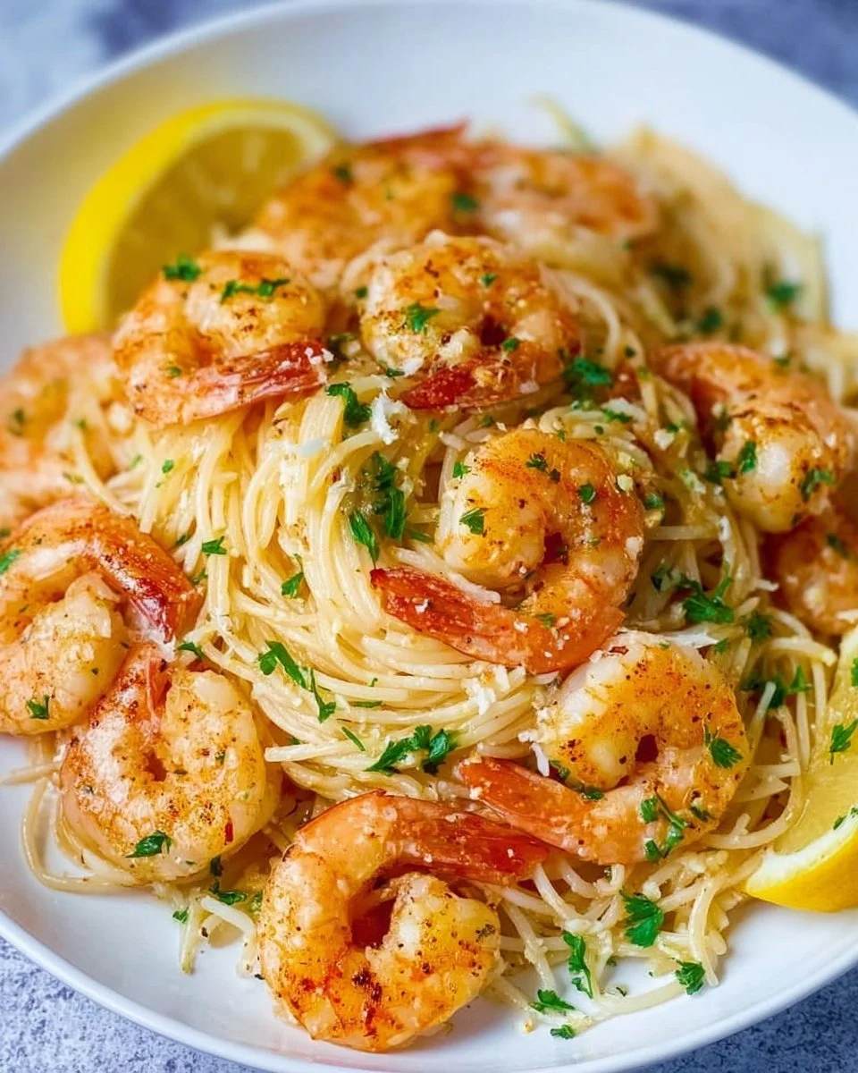 Delicious smoky garlic butter shrimp scampi served on a plate.