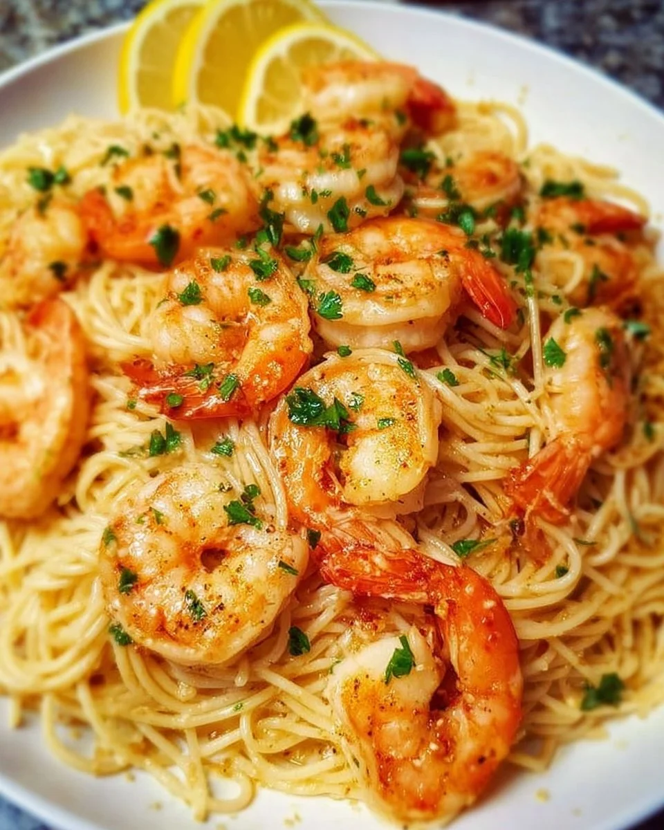 Plate of smoky garlic butter shrimp scampi garnished with parsley and lemon