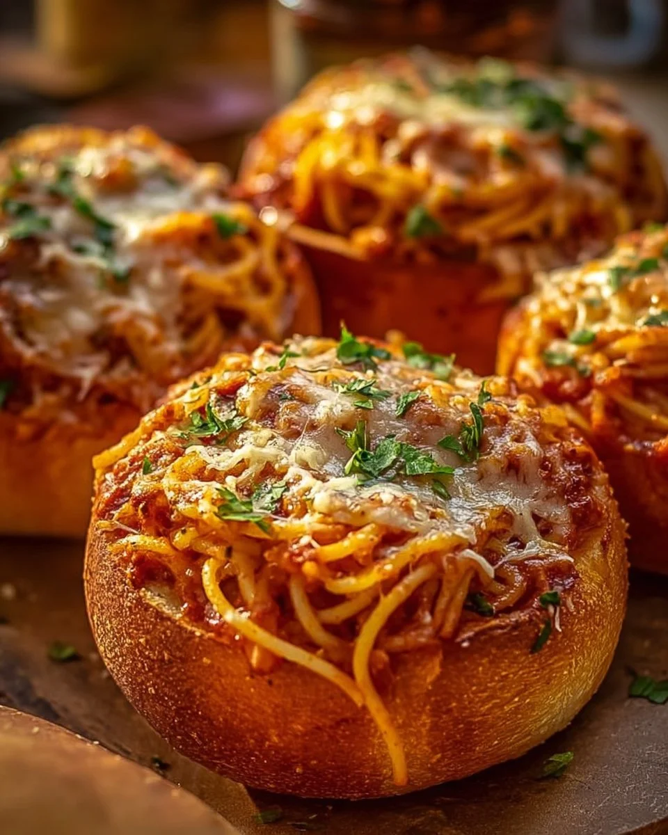 Spaghetti garlic bread bowls topped with herbs and cheese