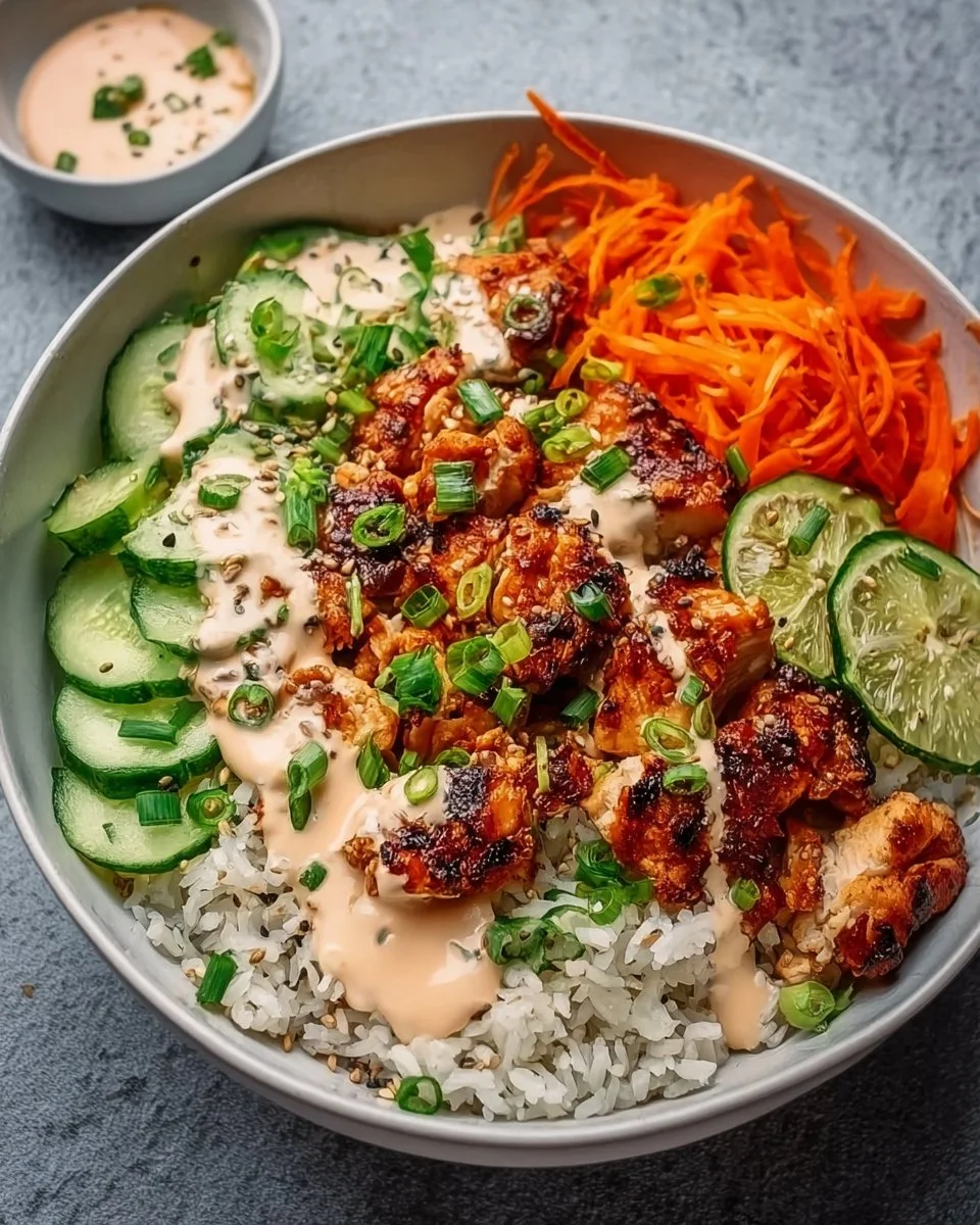 Delicious Spicy Chicken Bowl topped with creamy sauce for a flavorful meal
