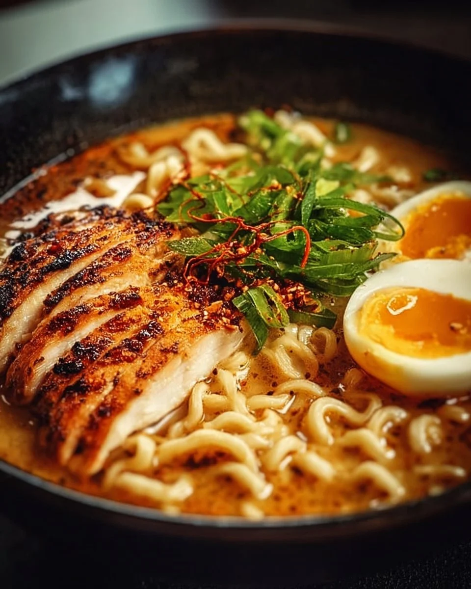 Bowl of Spicy Chicken Ramen with creamy garlic sauce and toppings