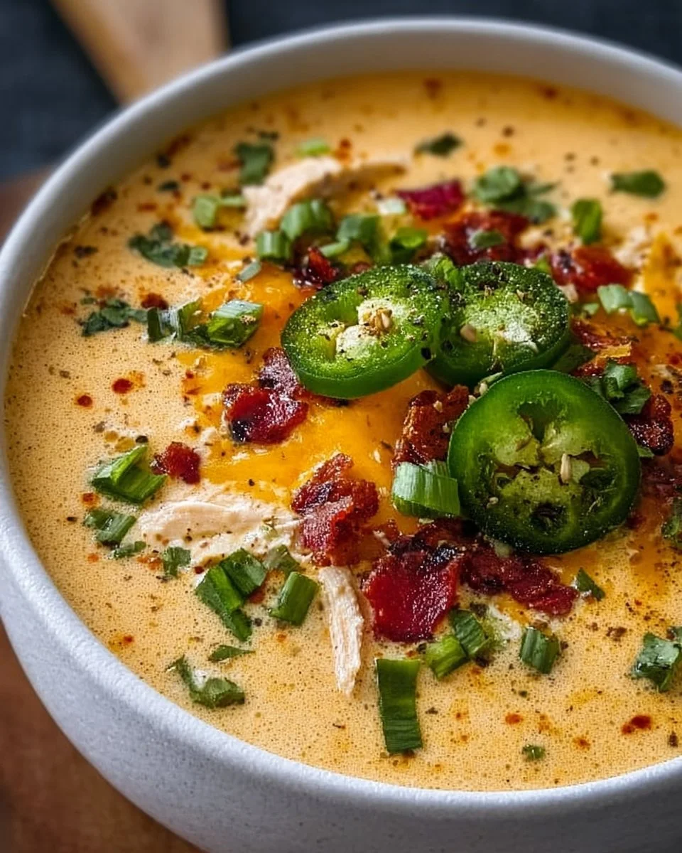 Spicy jalapeño popper chicken soup in a bowl with toppings.